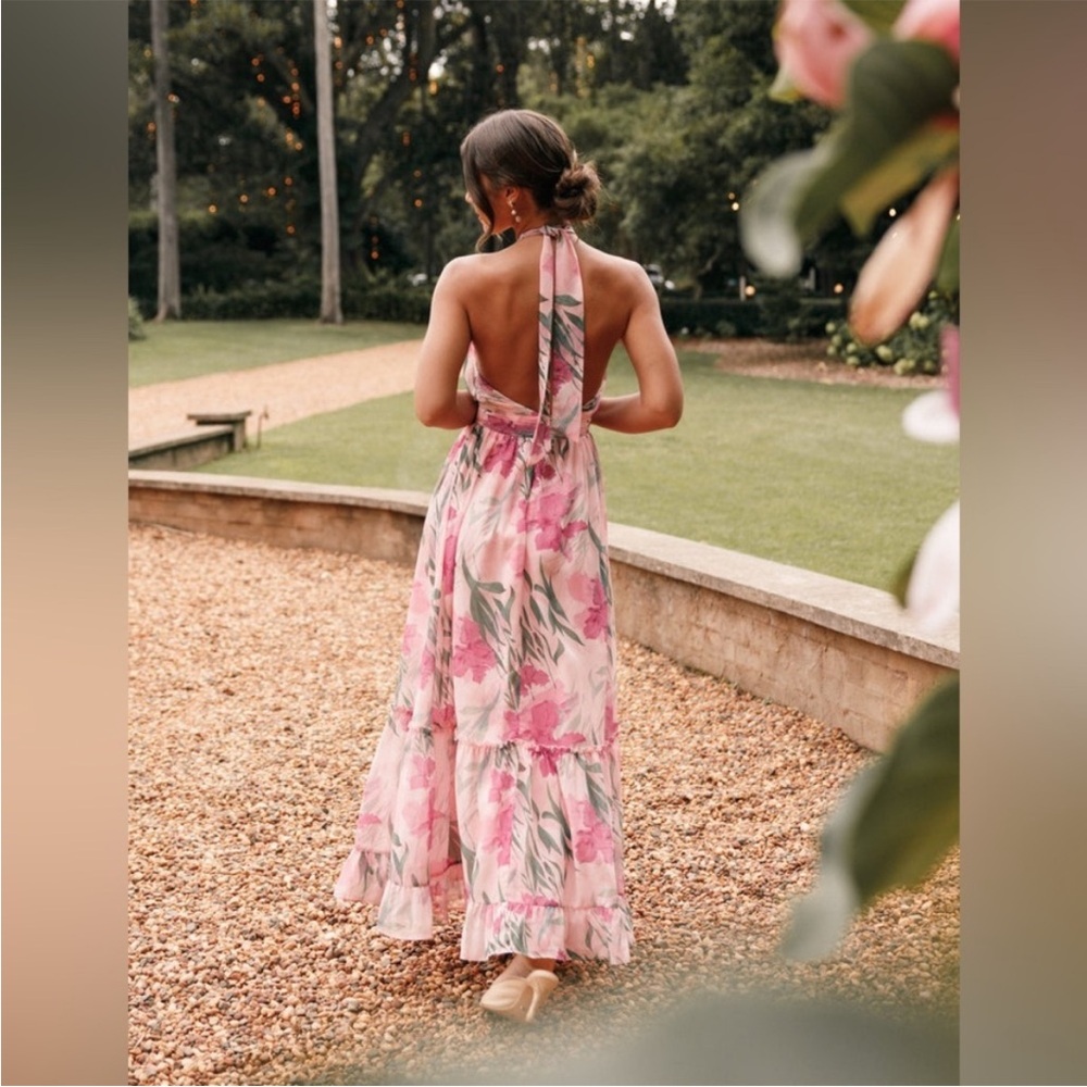 Petal & Pup Pink Floral One-Shoulder Maxi Dress with Green Leaf Detail - Picture 2 of 11